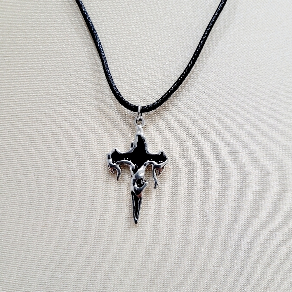 Brand New Funky Black & Silver Cross Black Necklace